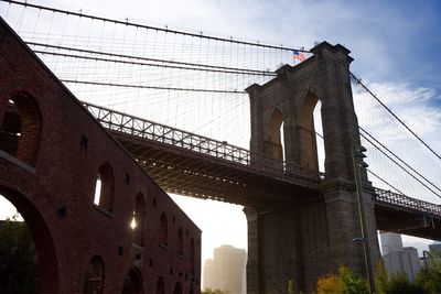 Low angle view of suspension bridge against sky