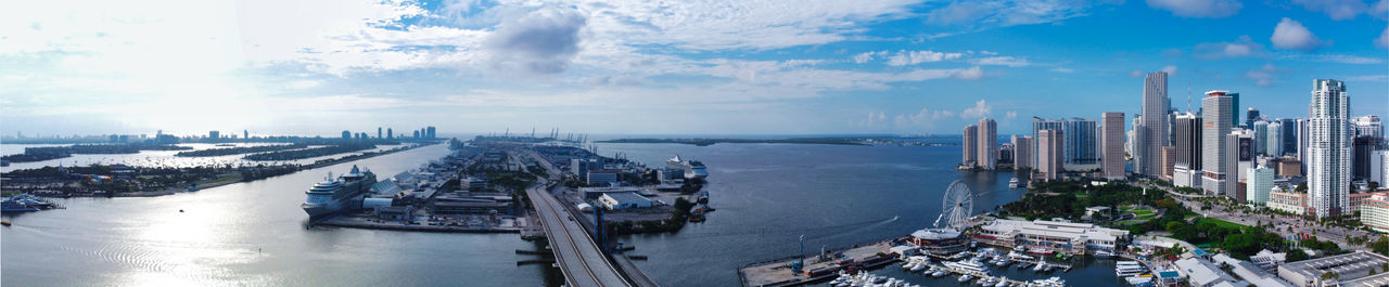 High angle view of buildings against cloudy sky