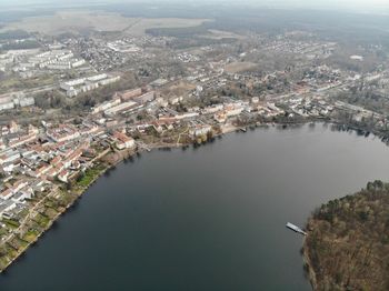 High angle view of river amidst buildings in city