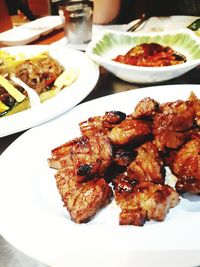 High angle view of food in plate on table