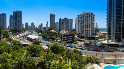 Modern buildings in city against sky