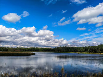 Scenic view of lake against sky, fish pond under blue sky.