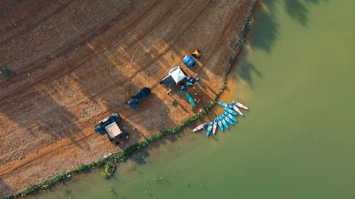 High angle view of people on field