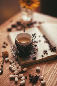 High angle view of coffee cup on table