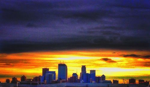 City skyline at sunset