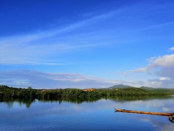 Scenic view of lake against blue sky