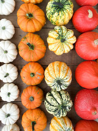 Directly above shot of pumpkins and squashes on table for sale