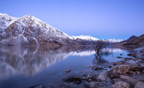 Scenic view of lake and snowcapped mountains against sky