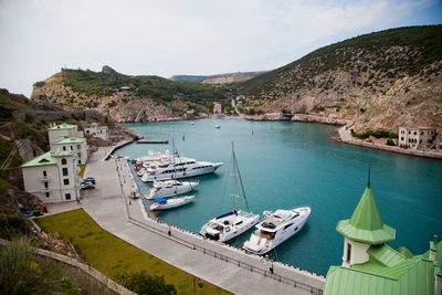 Balaklava bay in balaklava with a yacht in the spring