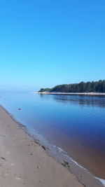 Scenic view of beach against clear blue sky