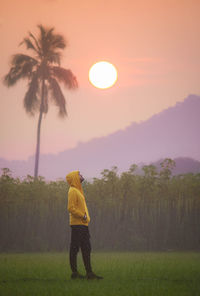 Rear view of man standing on field during sunset