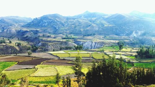 Scenic view of field and mountains against sky