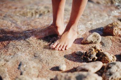 Low section of child standing on shore at beach