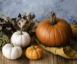 Close-up of pumpkins on wood during autumn