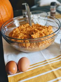 High angle view of food in bowl with eggs on table