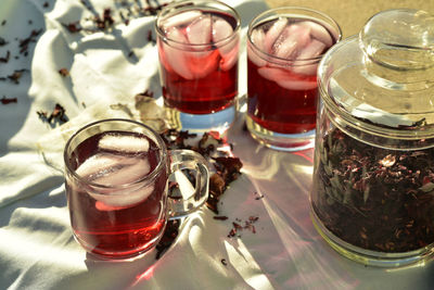 Healthy ice tea made with hibiscus flower petals