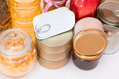 High angle view of containers on table