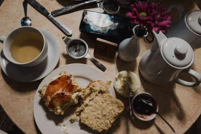 High angle view of breakfast on table