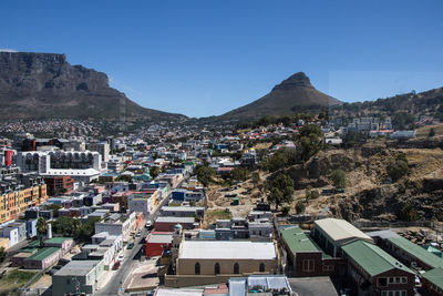 High angle view of cityscape against clear blue sky