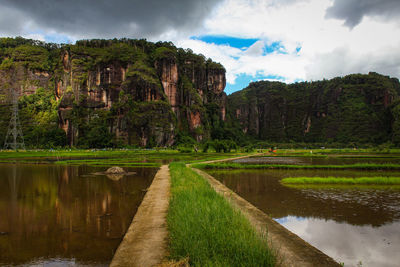 Views of rice fields set against harau valley cliffs