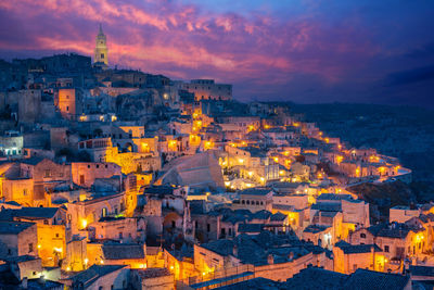 The old town of matera, basilicata, southern italy during a beautiful sunset. 