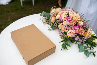 High angle view of flowering plant on table