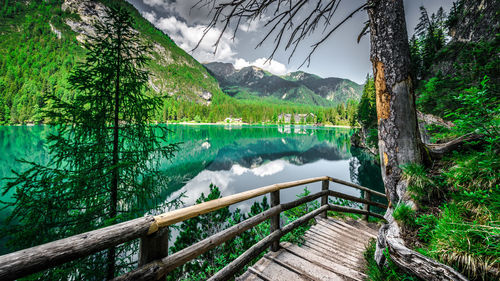 Scenic view of pragser wildsee by trees against mountains