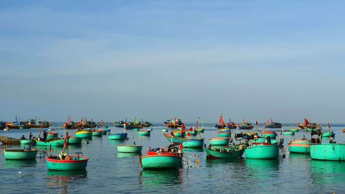 Round-shaped boats which is known as coconut boats in fishing village, mui ne, vietnam.