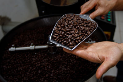 Cropped hand of man holding roasted coffee beans