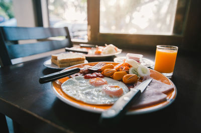 Close-up of served breakfast