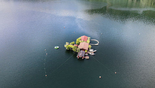 High angle view of people floating on water