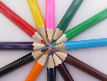 High angle view of colored pencils on white background