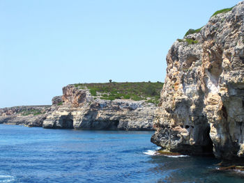 Rock formations by sea against clear blue sky