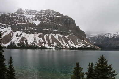 Scenic view of lake and snowcapped mountains against sky