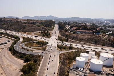 High angle view of city against clear sky