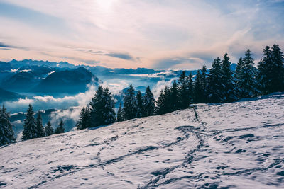 Scenic view of snow covered mountains against sky