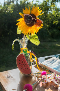 Close-up of sunflower on table