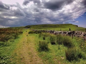 Scenic view of green landscape against cloudy sky