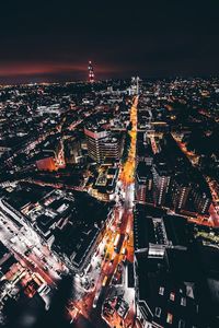 High angle view of city at night