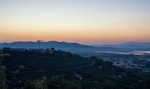 High angle view of townscape against sky during sunset