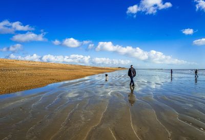 Rear view of man walking at beach against blue sky
