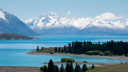 Scenic view of lake and snowcapped mountains against sky