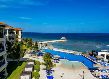 High angle view of beach against blue sky