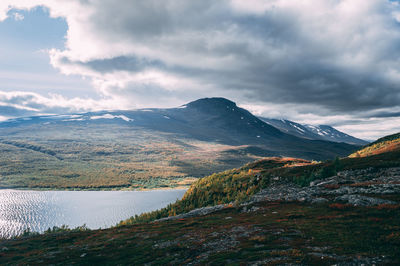 Scenic view of lake and mountains against sky