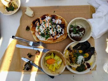 High angle view of breakfast on table