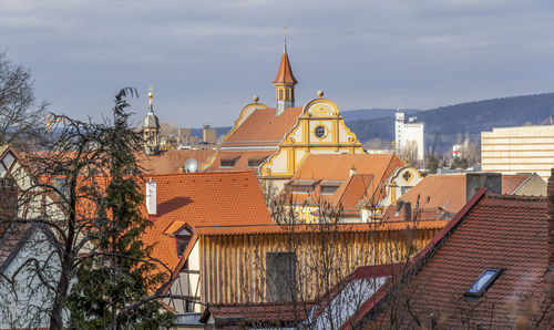 High angle view of buildings against sky