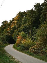 Empty road by trees against clear sky