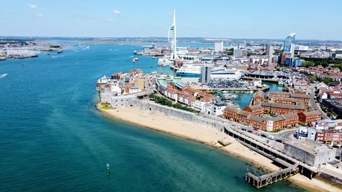 Drone view of old portsmouth and the spinnaker tower