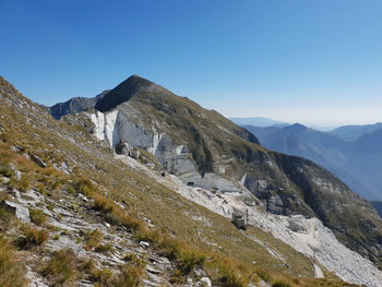 Scenic view of mountains against clear blue sky