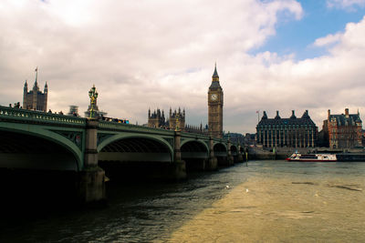 Bridge over river with buildings in background